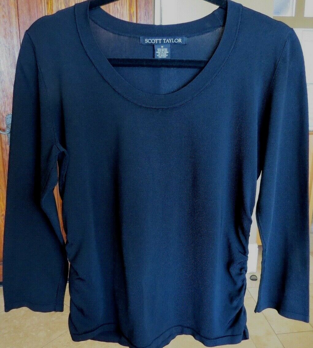 Scott Taylor Sz M Black Rayon Nylon Stretch Knit Top with Ruching Along Sides