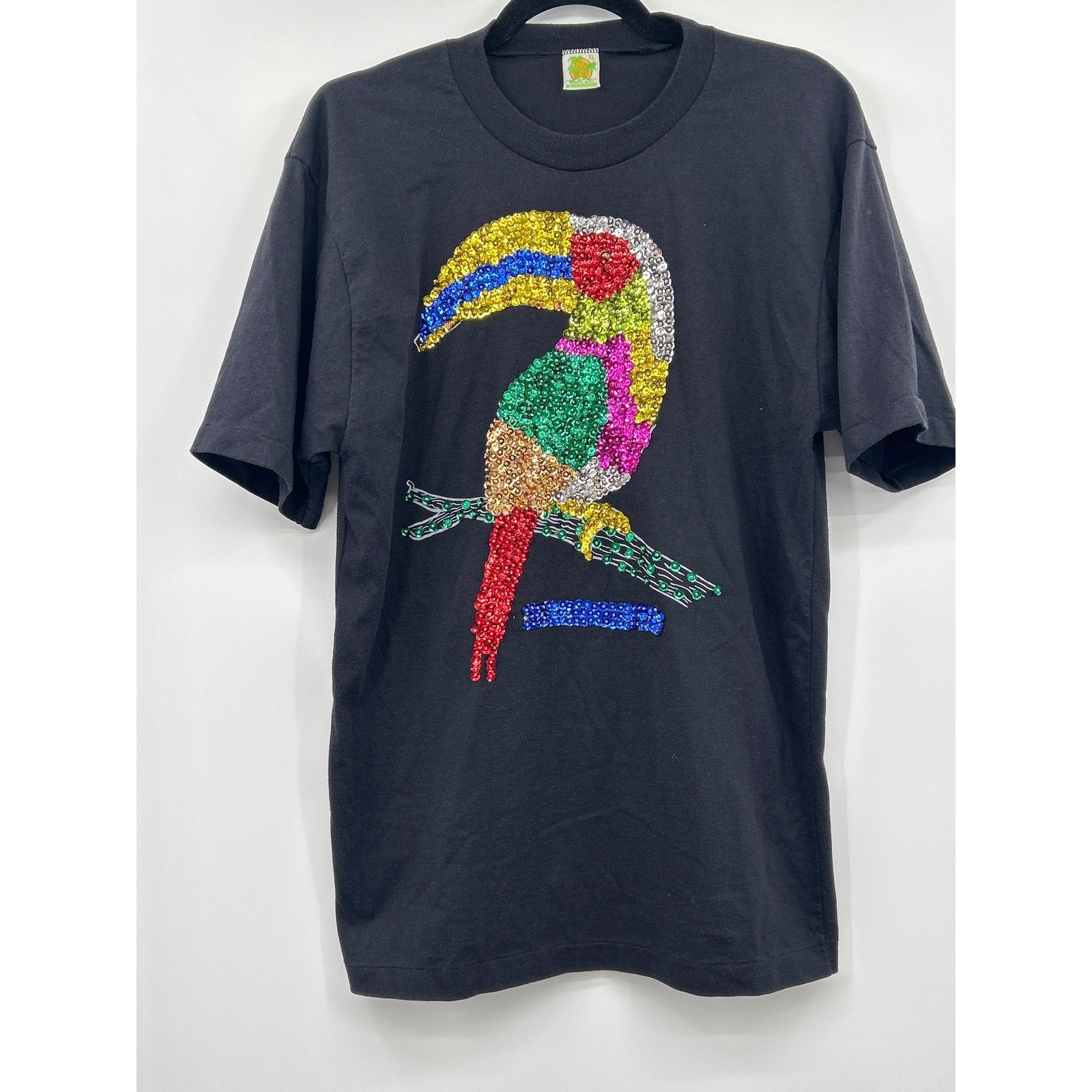 Vintage-Inspired Tropical Parrot Sequin T-Shirt XL Retro Beach Colorful Unisex
