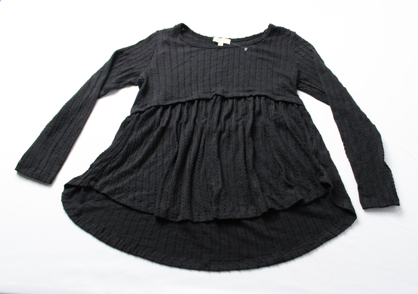 BE Stage Women’s Long Sleeve Cable Knit Ribbed Babydolly Top AC2 Black Small