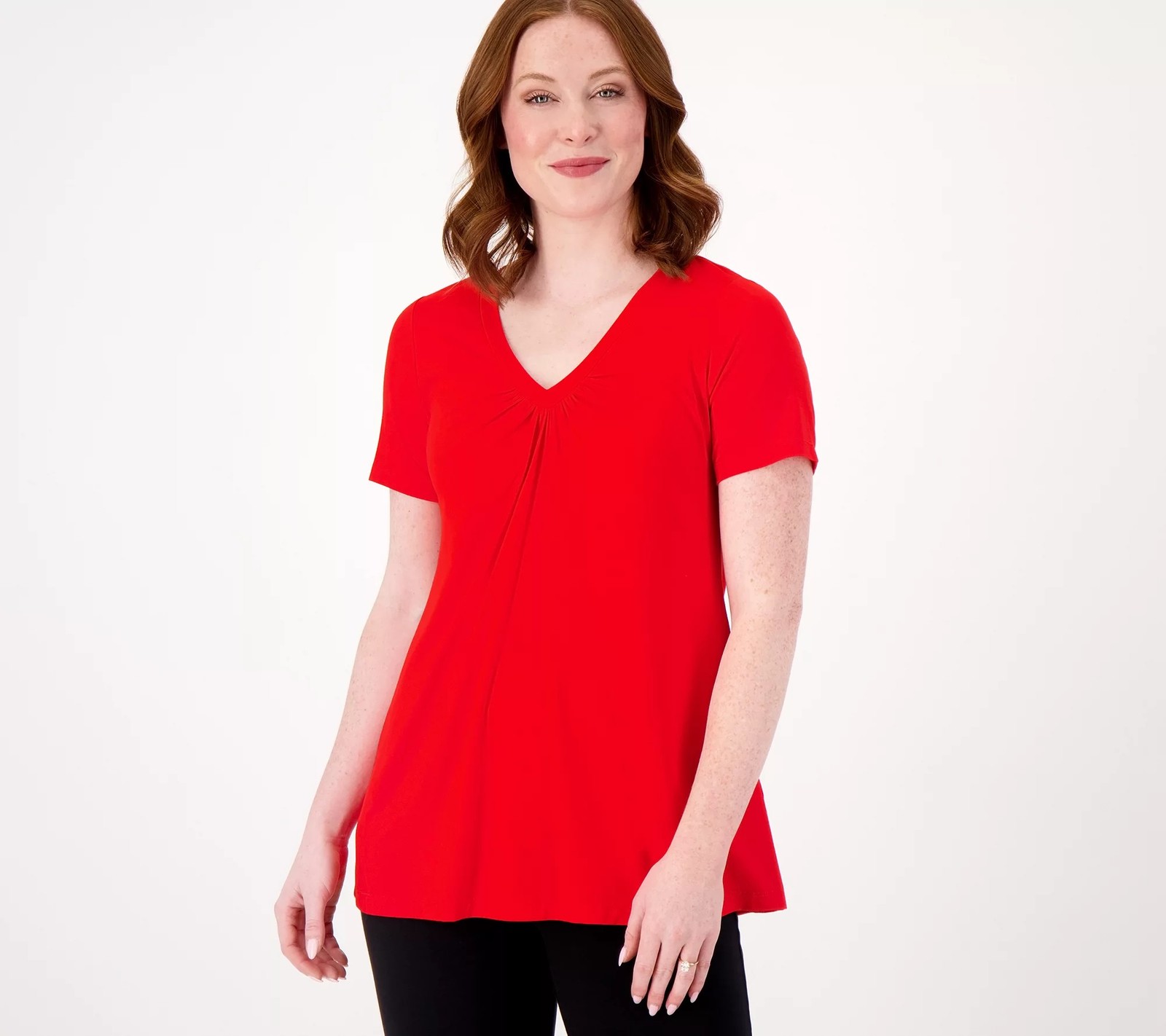 Susan Graver Weekend Essentials Cool Touch V-Neck A-Line Top Tango Red XS New