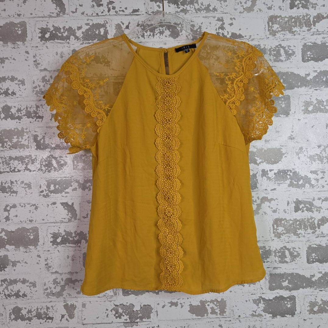 IRIS Yellow Lace Sheer Flutter Sleeve Round Neck Pullover Blouse S IT91222
