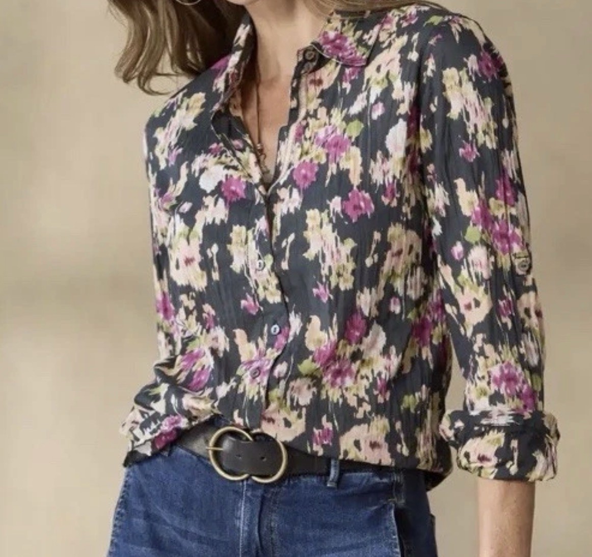NWT Cino Sundance Women Tuscan Floral Black Cotton Crinkle Button Down Shirt XL