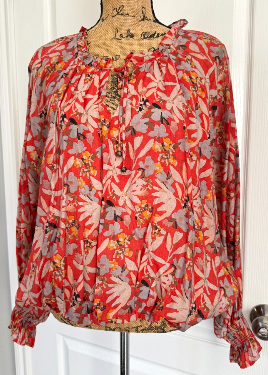 Entro Top Long Balloon Sleeve Floral V-Neck Tassel Elastic Waist Ruffle Boho M L