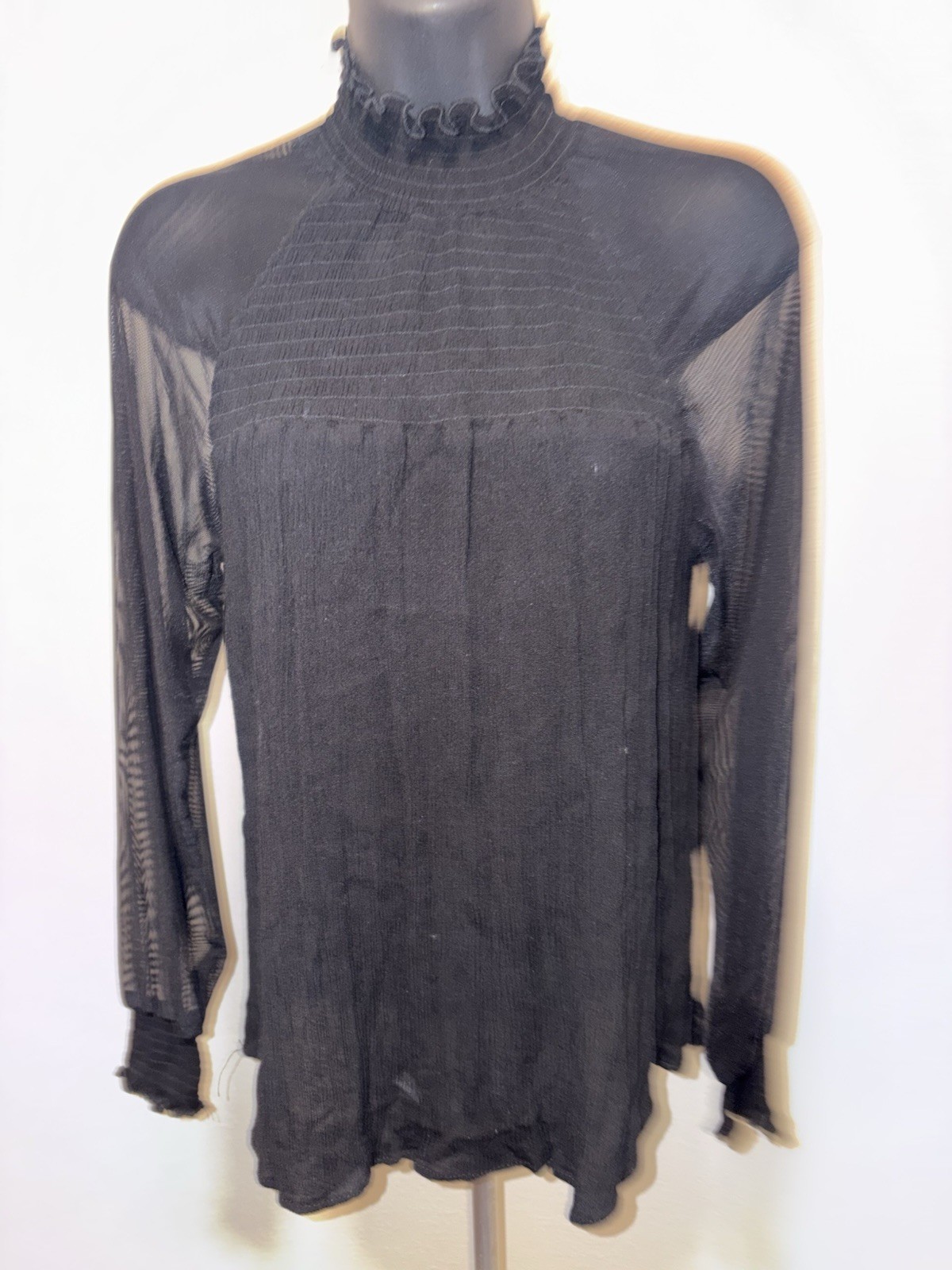 Heart Hips Blouse High Neck Top Women’s M Medium Ruffle Sheer Sleeves Black