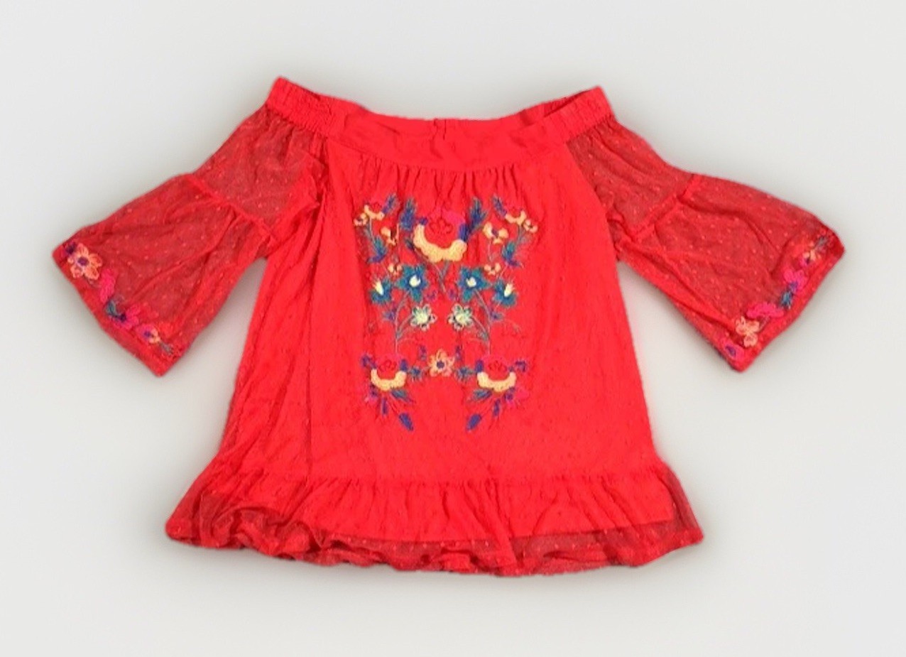 Umgee Red Floral Embroidered Off the Shoulder Swiss Dot Bell Sleeve Blouse S