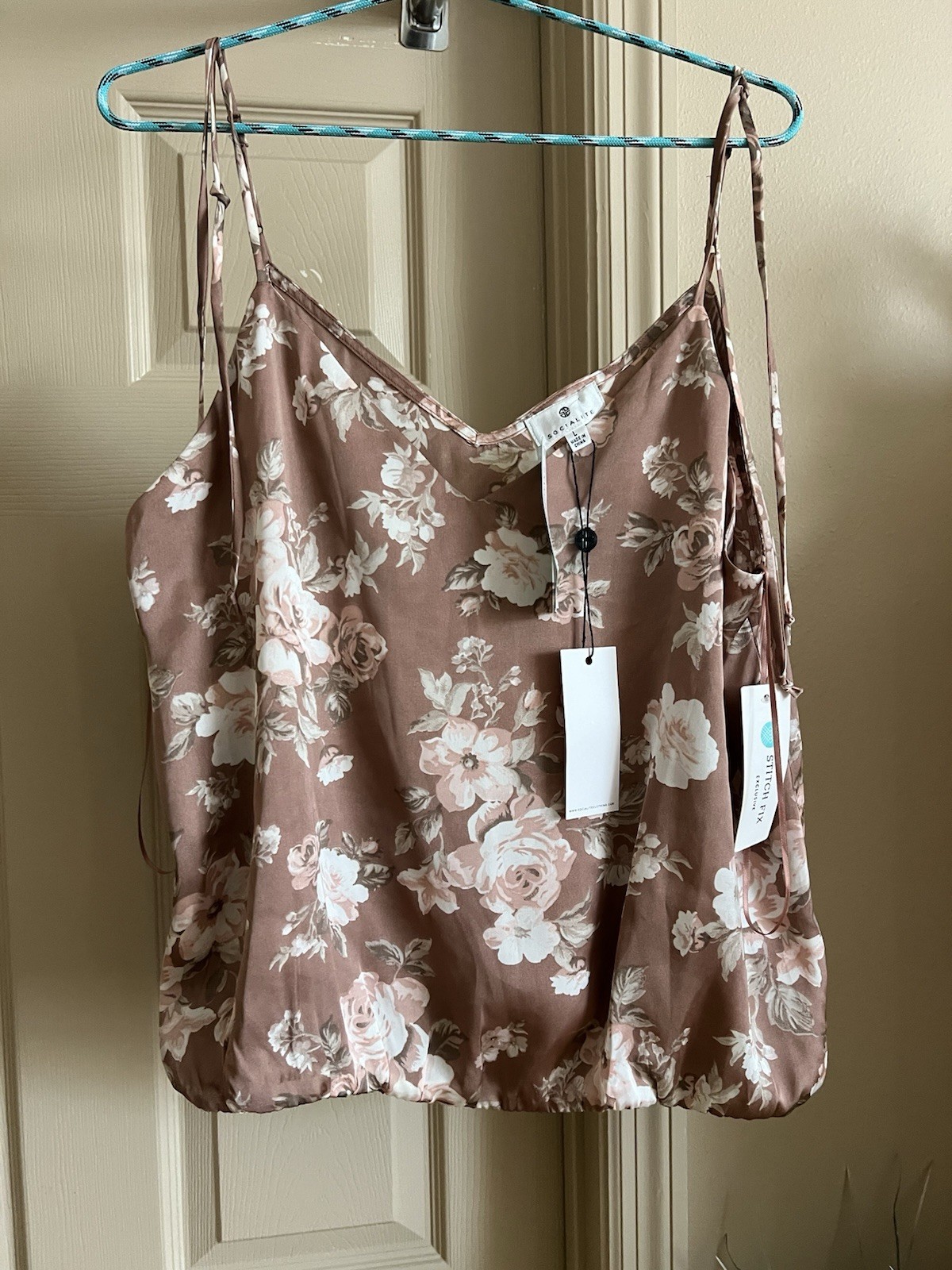 Socialite womens top Size Large. Tie Straps, Elastic Waist, Blush Pink And Brown