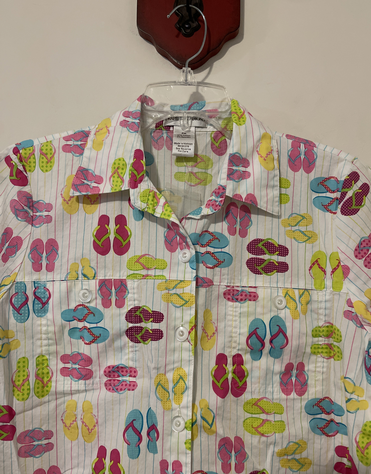 Drapers Damons Womens Petite Medium White Sandal Print Button-Up Blouse! A6008