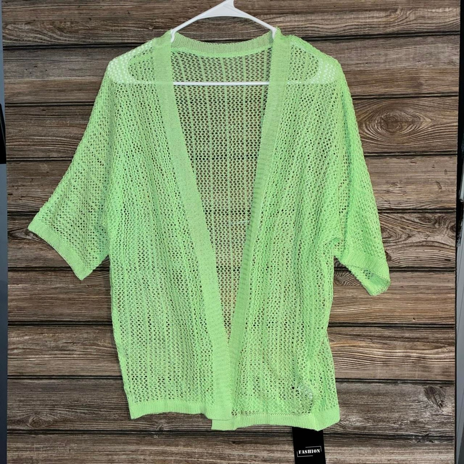 Fashion Brand Lime Green Open Knit Cardigan Medium Mesh Crochet Kimono Cover Up