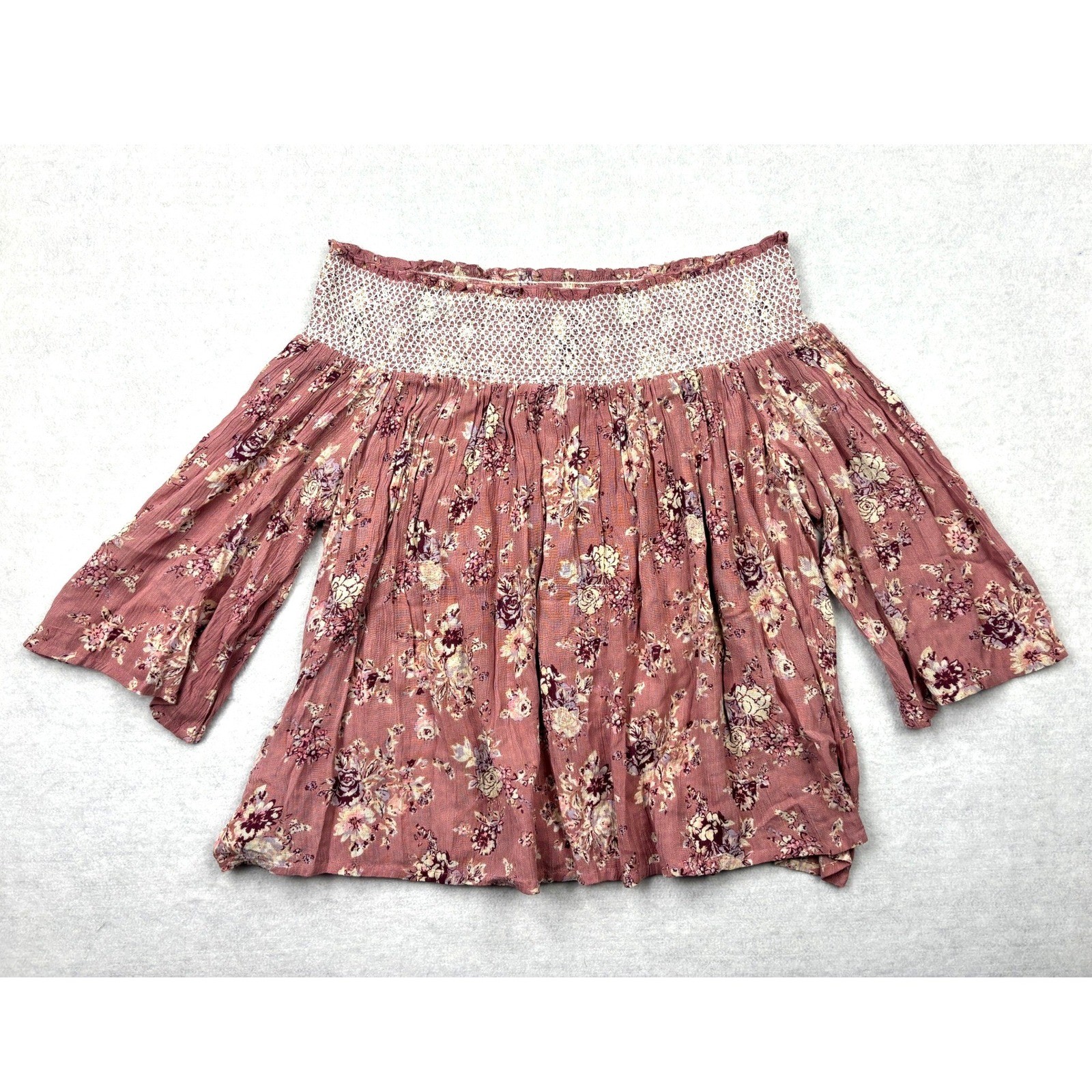 En Crème Boho Off-The-Shoulder Floral Blouse Women’s Large Mauve Rayon