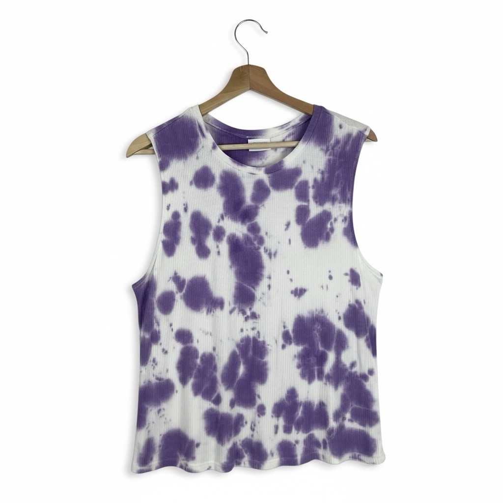 Abound Tank Top Size Medium Purple White Tie Dye Ribbed Jersey Knit Sleeveless