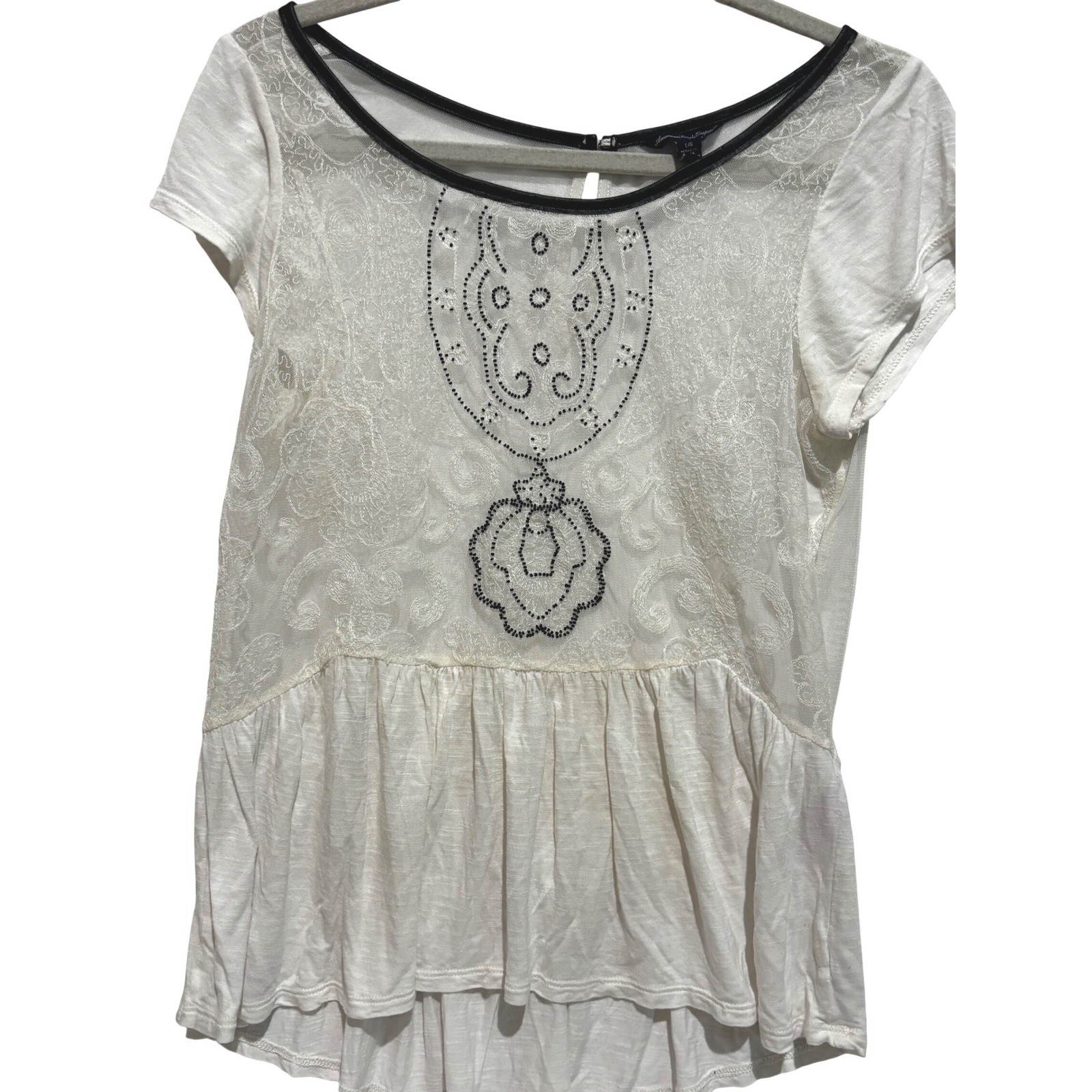 American Eagle White Lace Mesh Beaded Peplum Top Boho cowgirl fairycore sz L