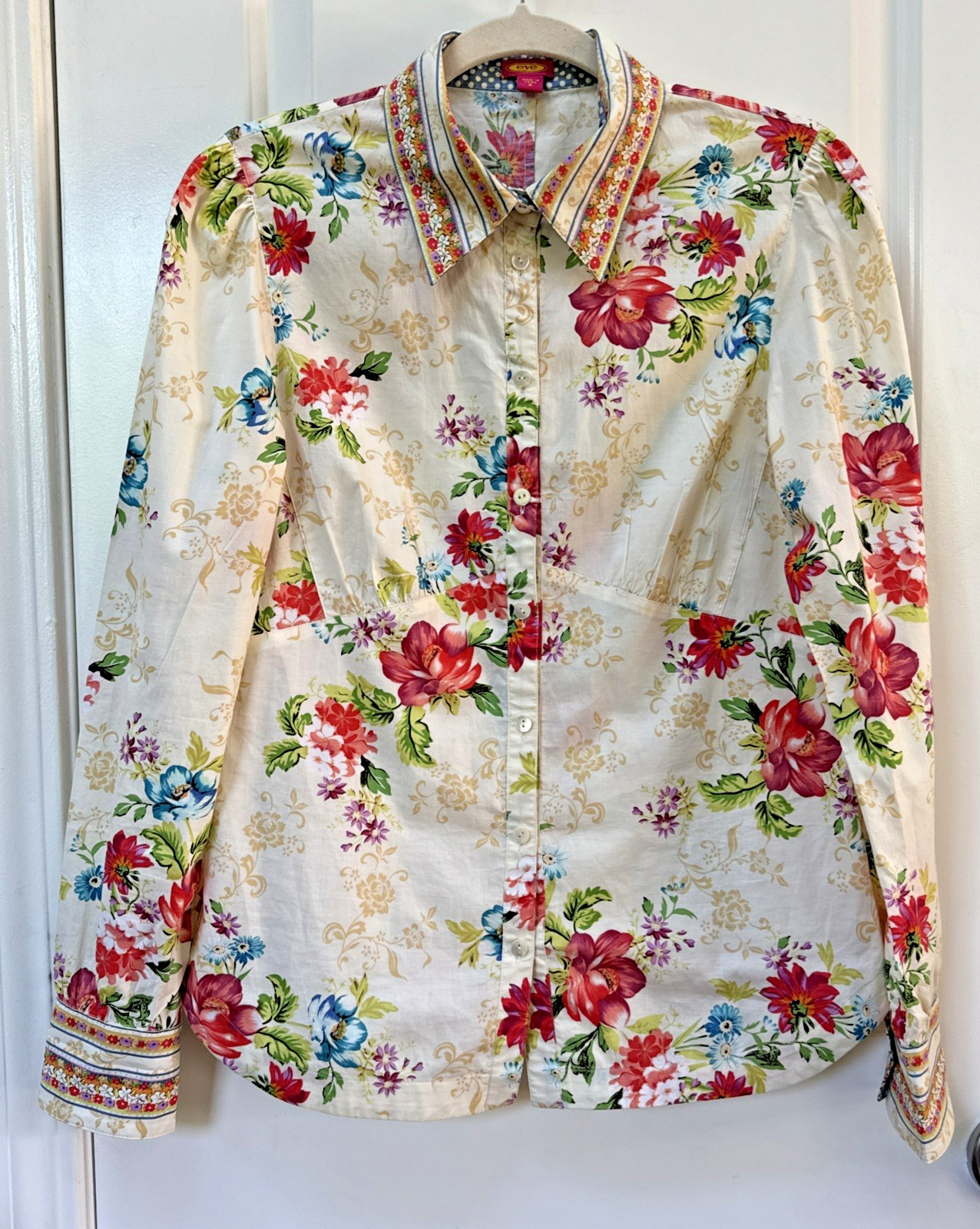 Eye Women Floral Structure Blouse Sz 8 Poka Dots Collar Cuffs Cottagecore Bling