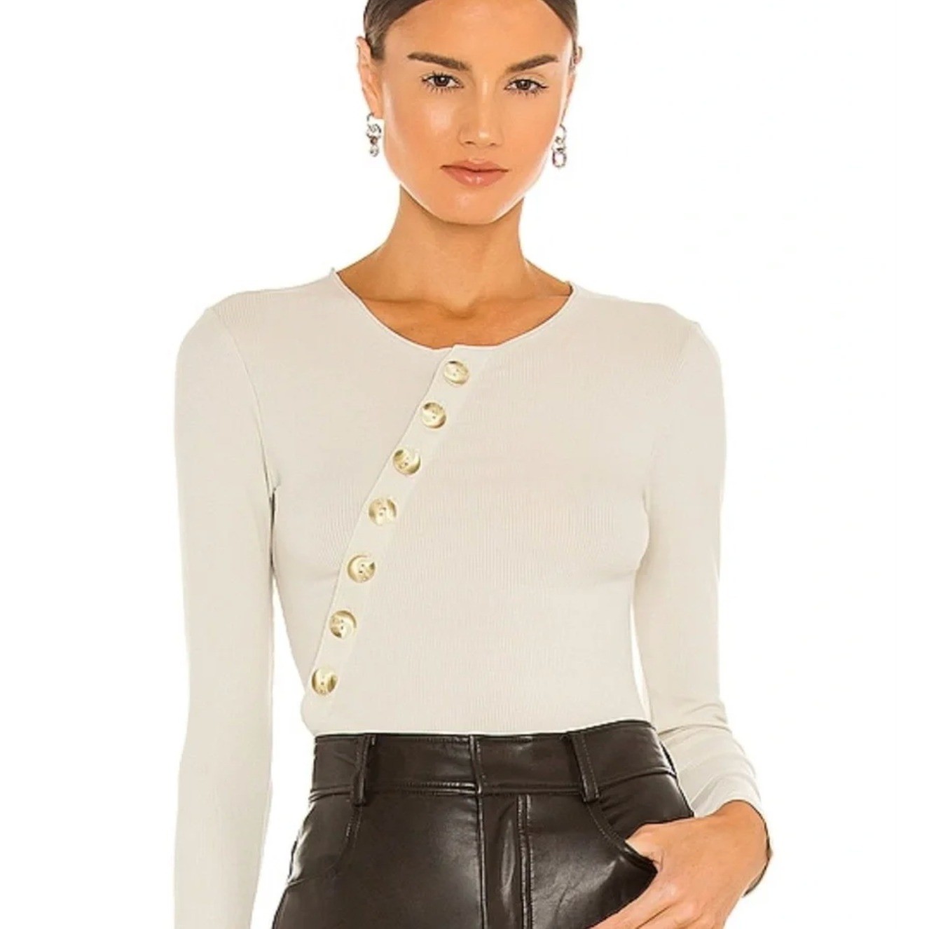 Revolve The Line by K Evelyn Ribbed Bodysuit Small Beige Asymmetrical Button