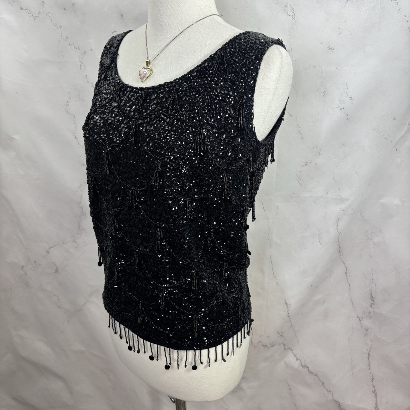 Vintage 60s Flapper Black Shiny Beaded Blouse Top Fringe Sequins Silk M Glam