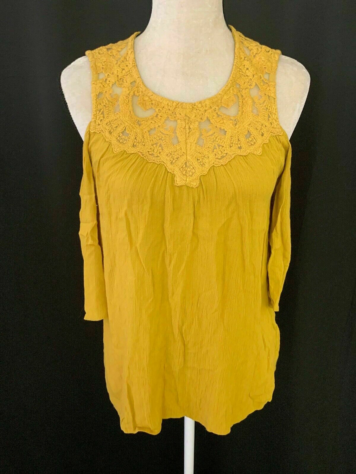 Ella Moss Anthropologie Womens Solid Mustard Yellow Lace Short Sleeve Top Xs