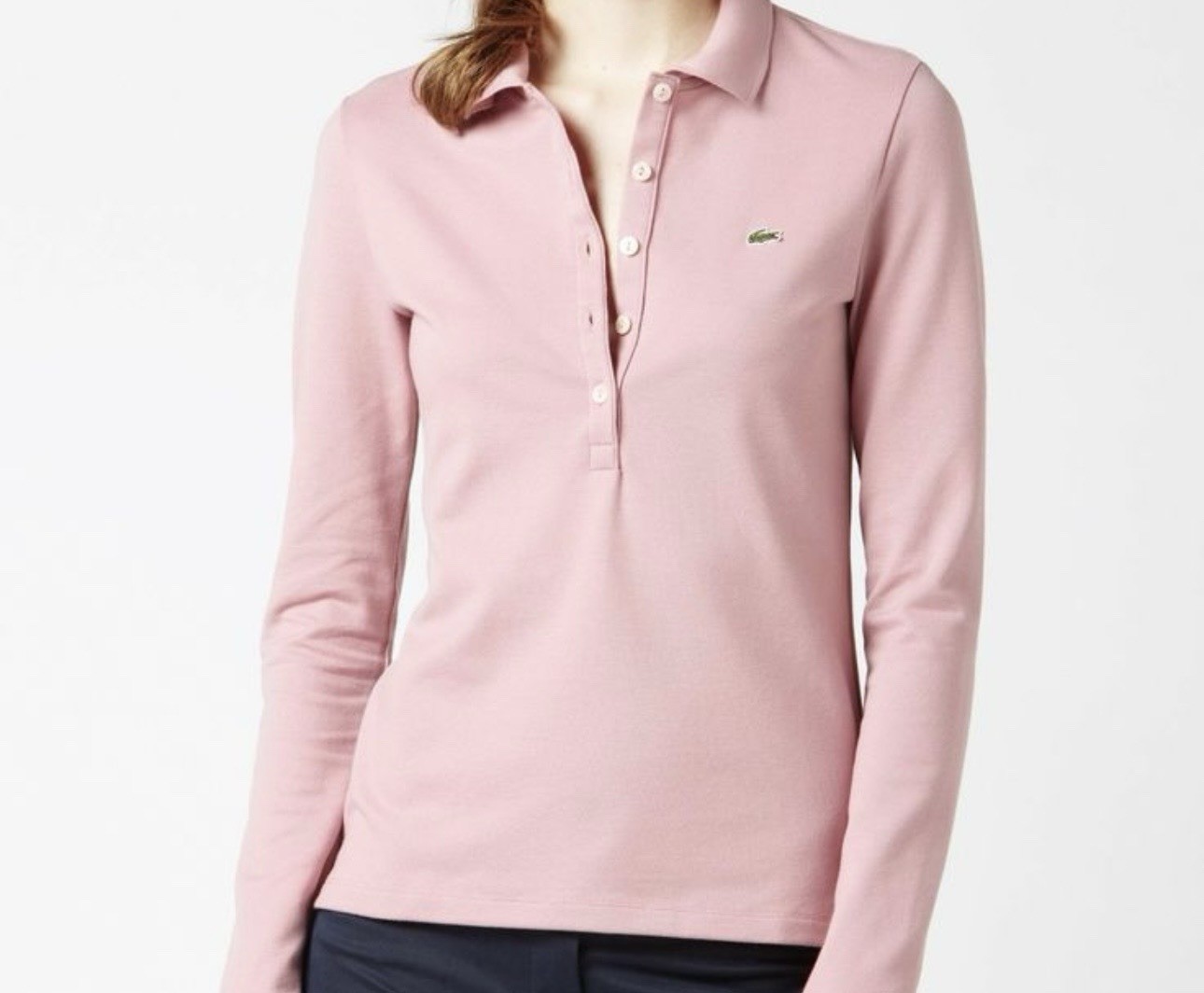 Lacoste Women’s Pink Long Sleeve Polo Shirt Stretch Knit Logo Button Size 36