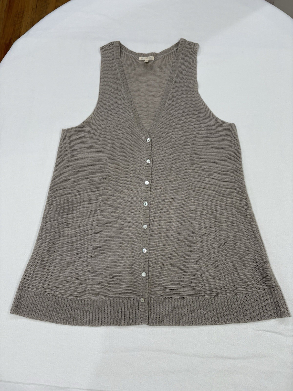Eileen Fisher L Beige Tan Fine Gauge Linen Knit Vest