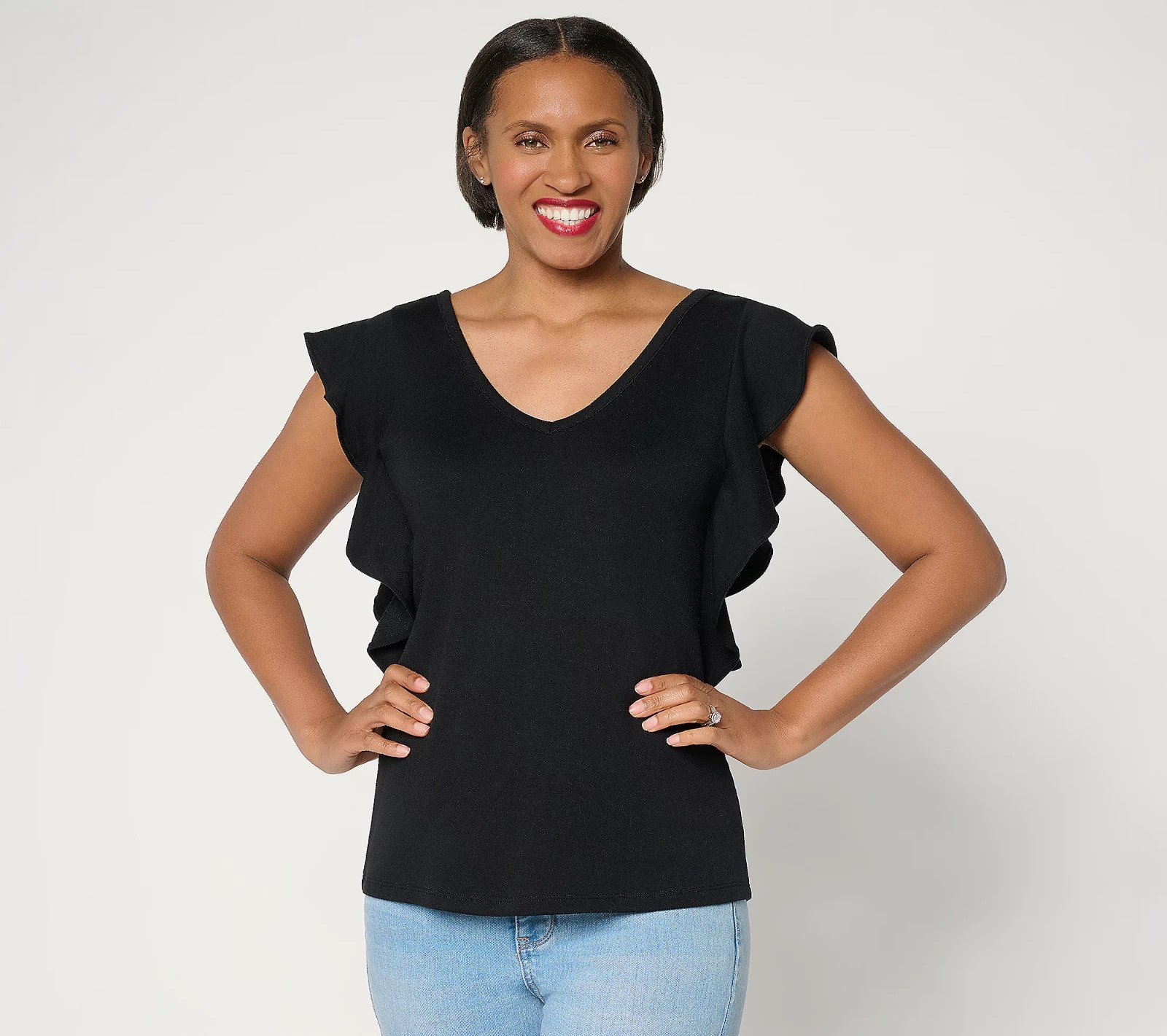 Mally Roncal Two-Way Neck Flutter Sleeve Knit Top Black Size M