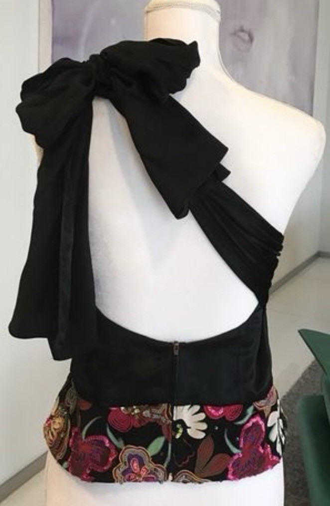 Ralph Lauren Black Silk One Shoulder Top Embellished Waist