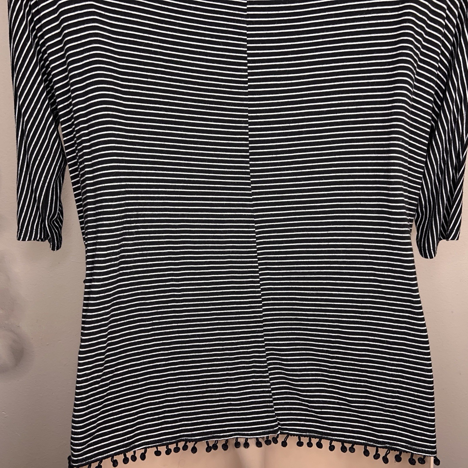 1x Isela Black White Striped Top Pom Pom Accent Goth Preppy Stretch Casual