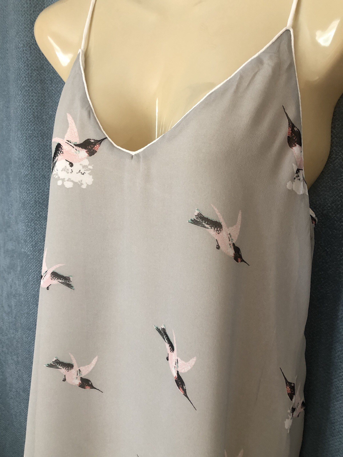Zara Basic Chiffon Layered Tank Top Sz Small Gray Hummingbird Bird Print