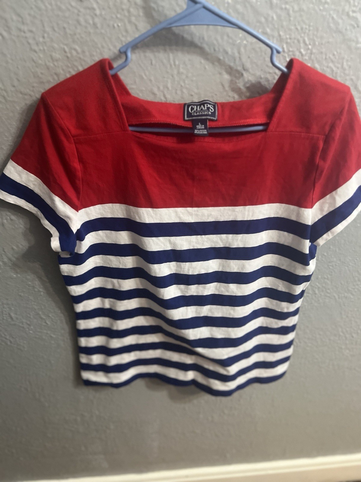 Chaps Shirt Womens Blue Red White Striped Top Size Large Cropped