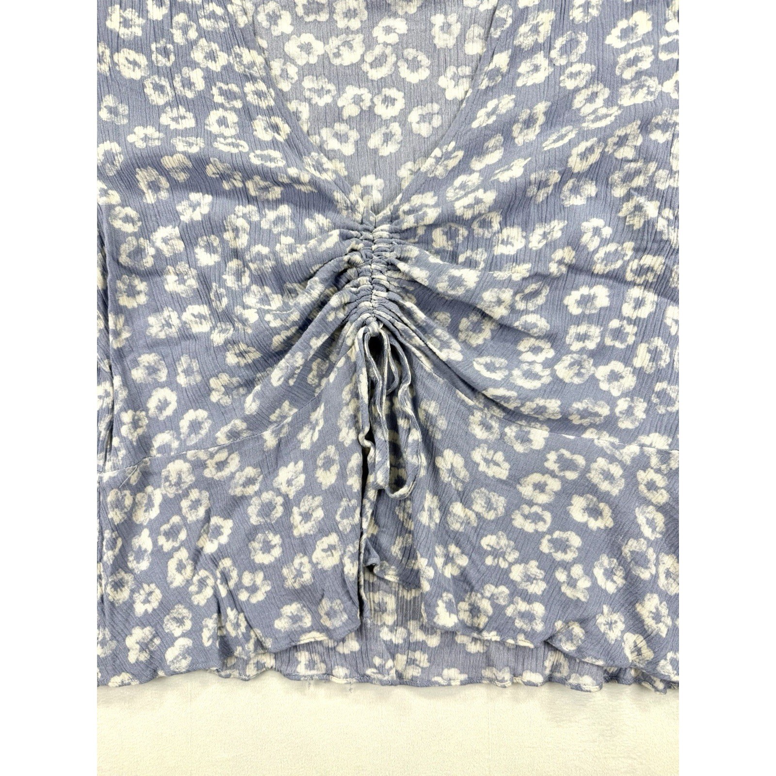 Hem & Thread Blouse Top L Blue Floral Ruched Drawstring Bust Flutter Sleeve Boho