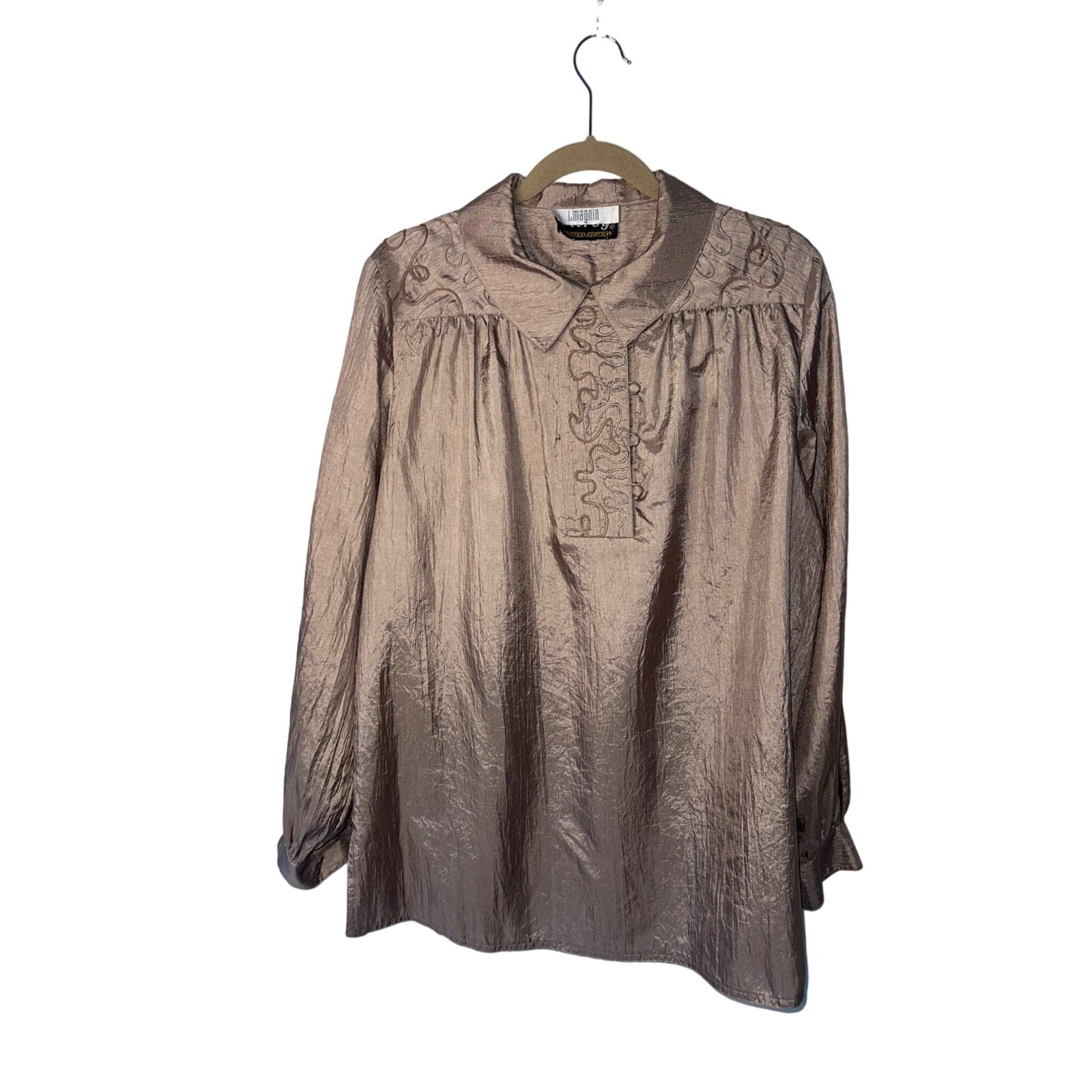 I. Magnin Wilroy Limited Edition Shirt Womens Vintage Size XL Tan Embroidered