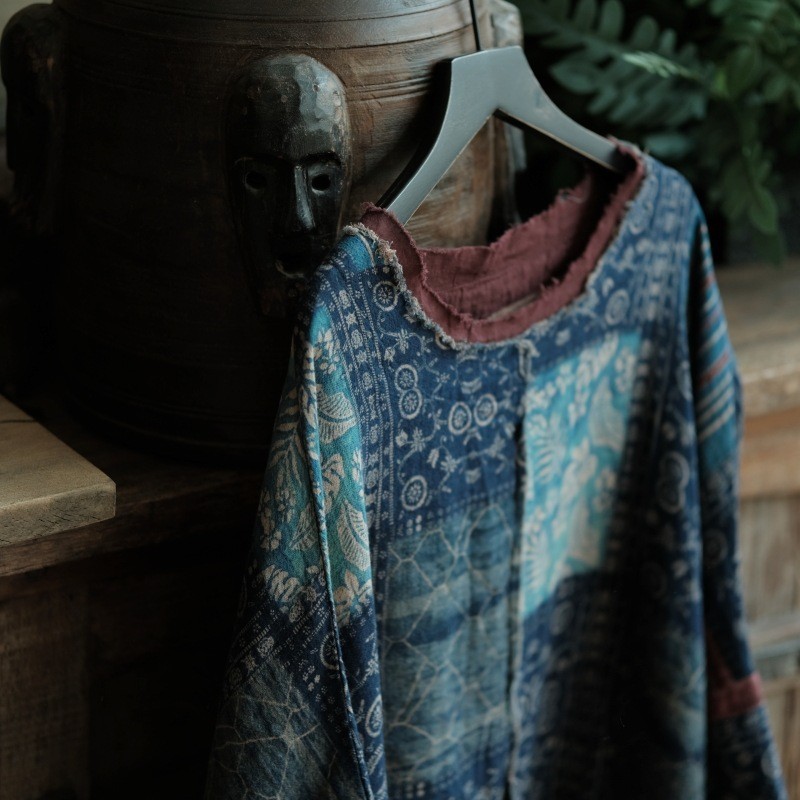 Vintage Patchwork Indigo Cotton Top Loose Wabi Sabi Blouse