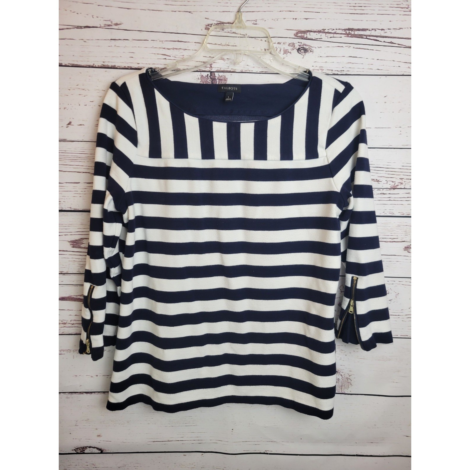 Talbots Striped Top Black Blue White 3/4 Zipped Sleeve Casual Women’s Size Large