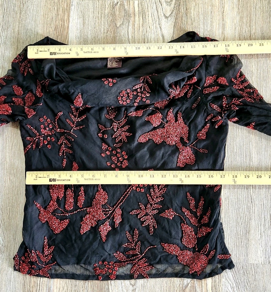 Marina Bresler Silk Beaded Drape Neck Bell Sleeve Top M Black Red Goth Boho Y2K