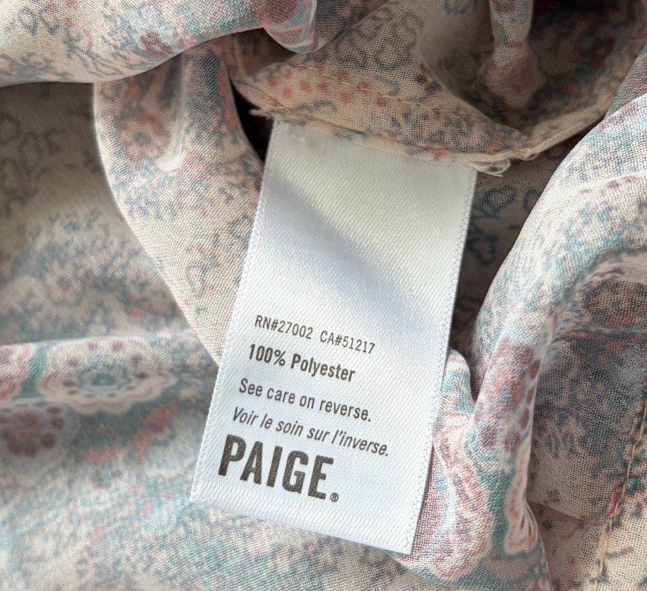 PAIGE Blouse Womens Small Ivory Pink Sheer Paisley Margherita Tie Waist Peasant