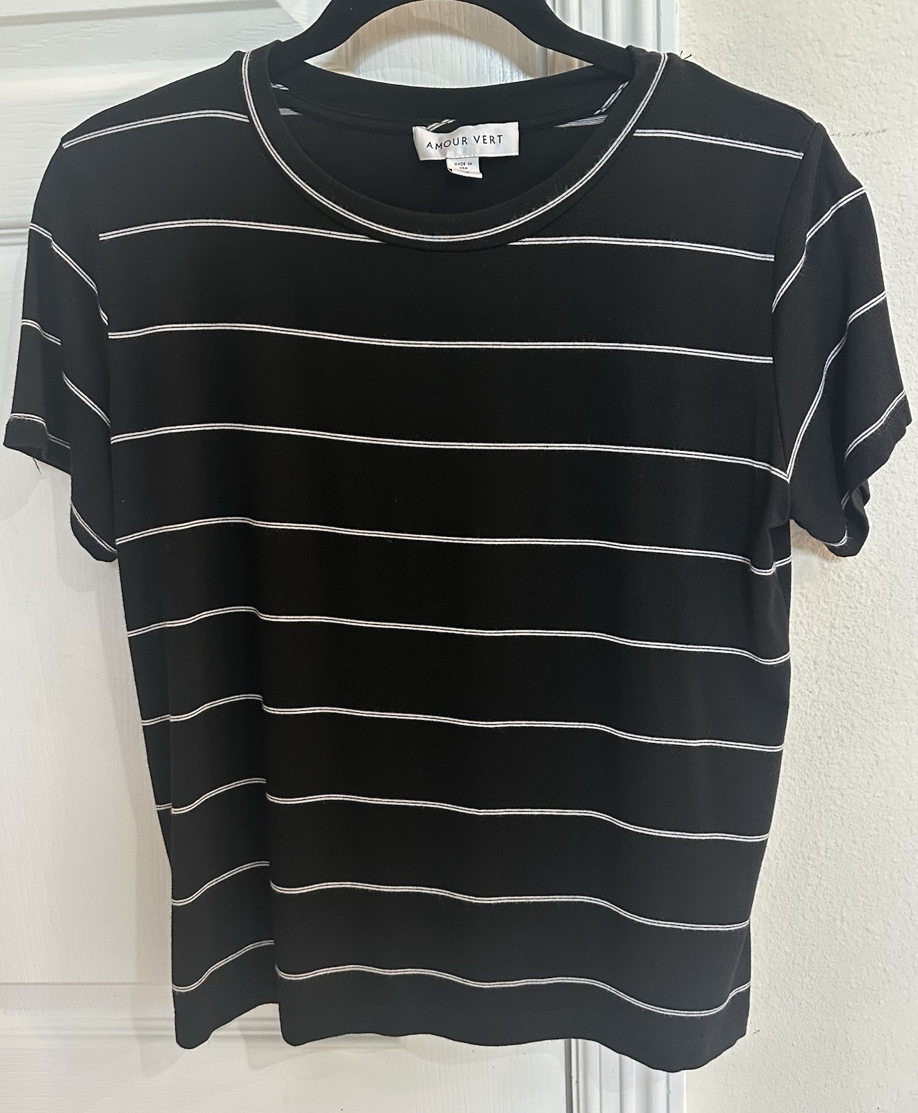 Amour Vert Berkeley Dream Knit Tee Shirt Black w/White Stripes Women XS