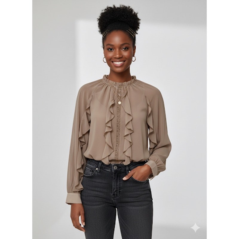 New Chic Taupe Ruffle Blouse – Boho & Elegant Style – Size Small