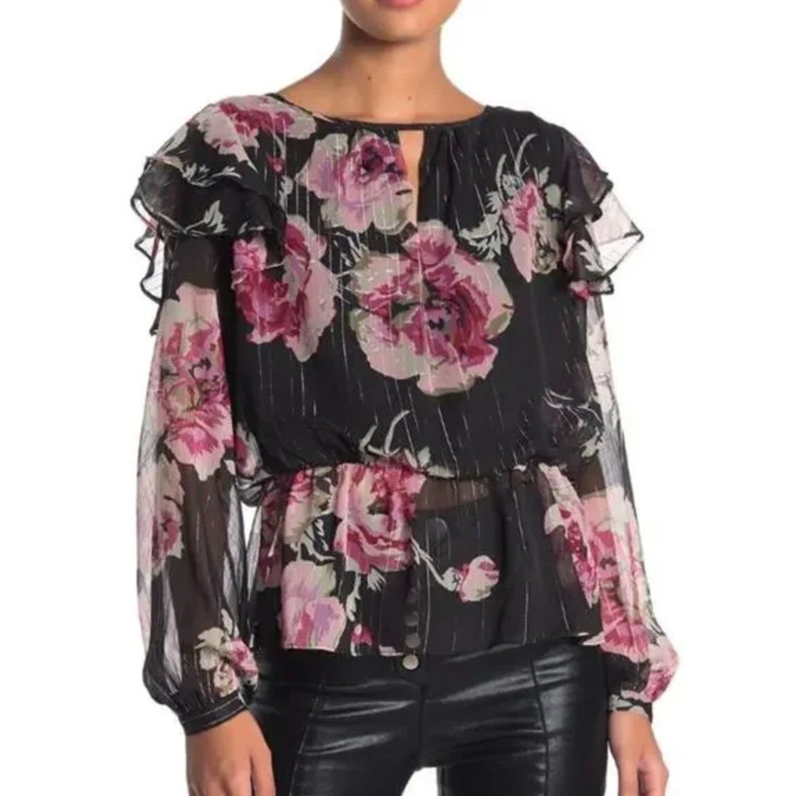 Walter Baker Evelyn Floral Blouse XL Black Pink Ruffle Metallic Silk Blend
