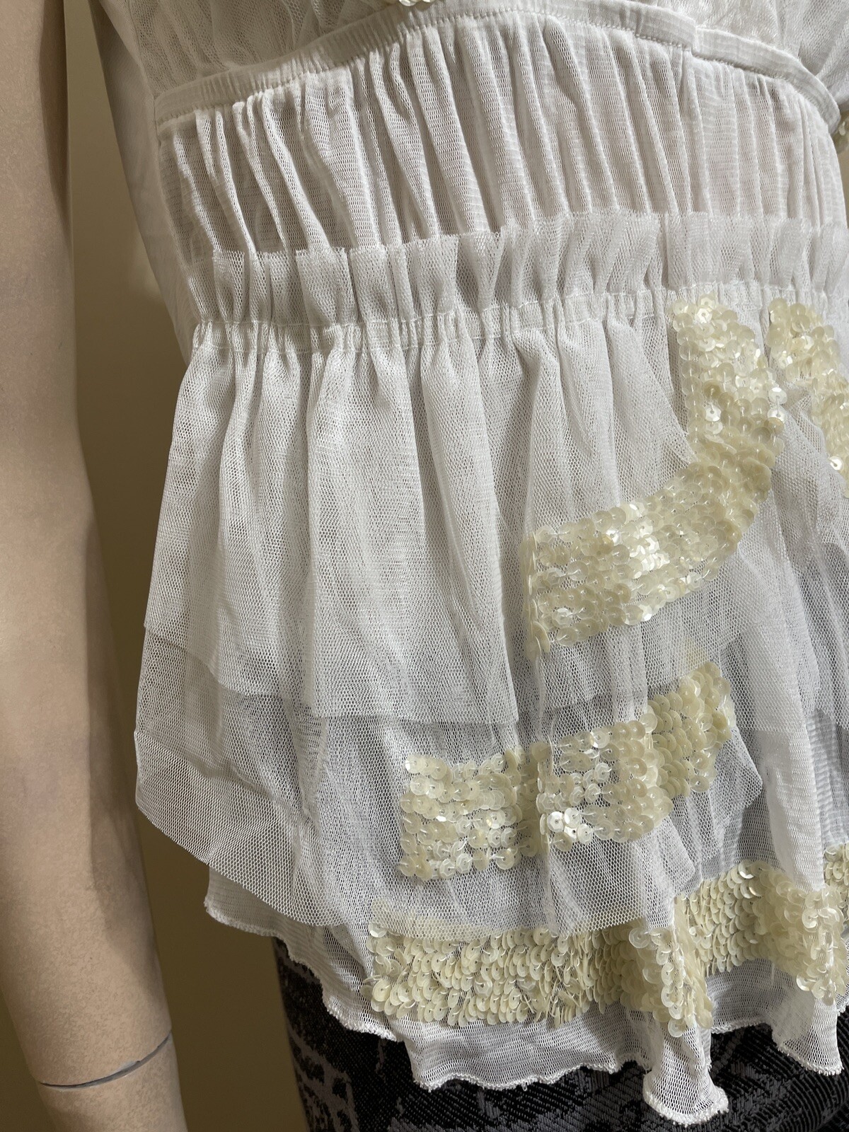 Women’s White Polyester Cocktail Layered Lace Beaded Pleated Size M Blouse Top