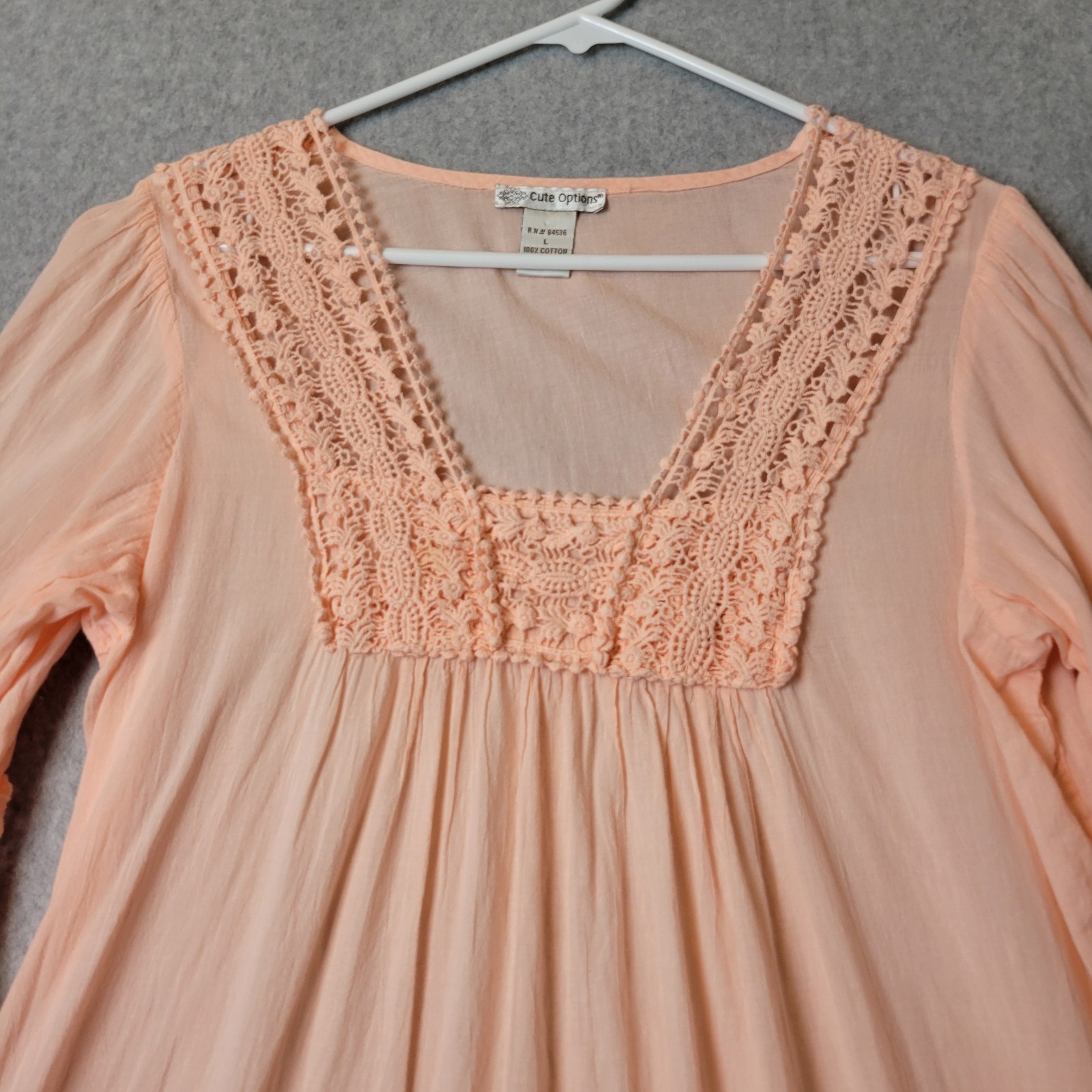 Cute Options 100% Cotton Peachy Pink 3/4 Sleeve Coquette Crochet Boho Top Large