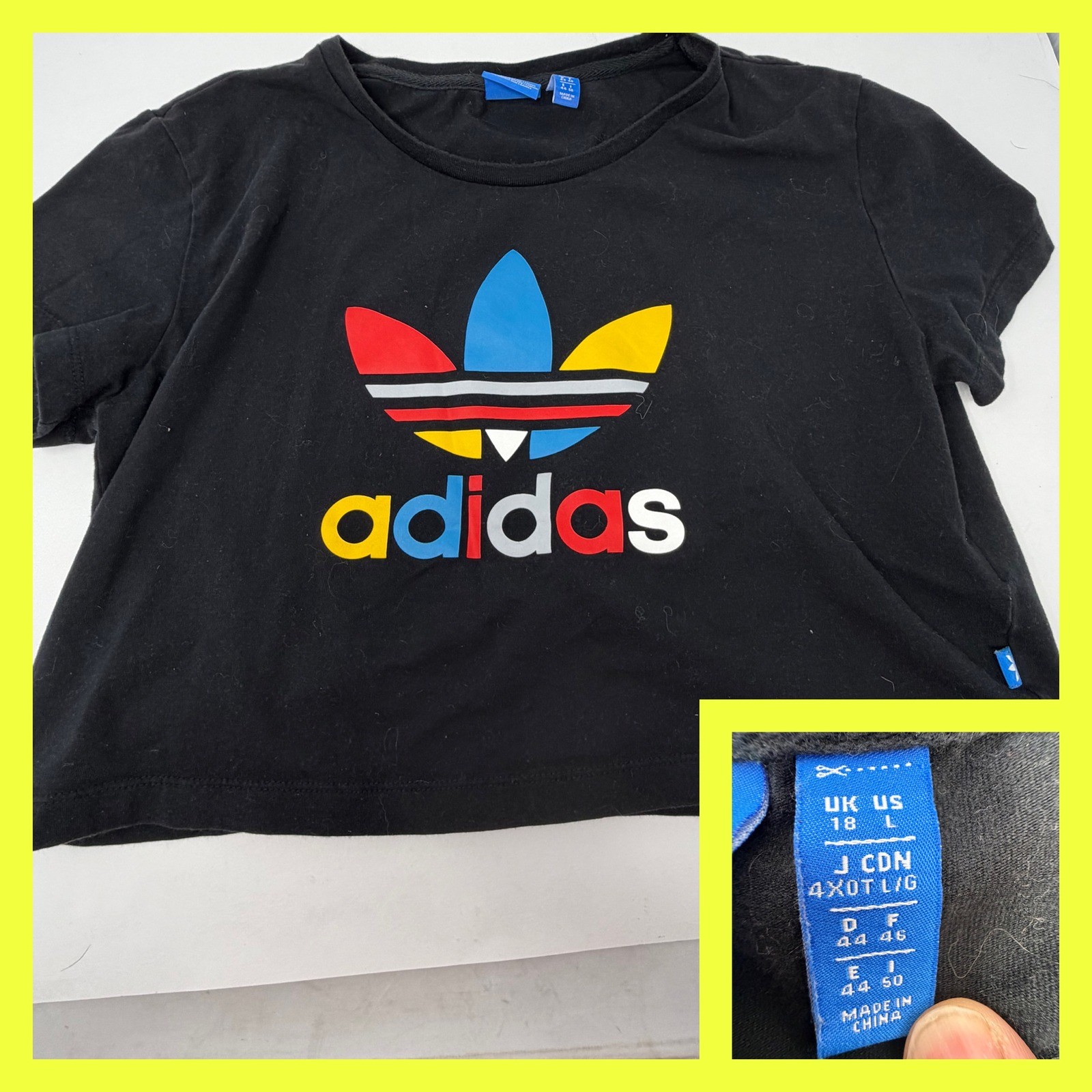 adidas Originals Women’s Black Crop Top Multi-Color Trefoil Logo Tee Size 18 L