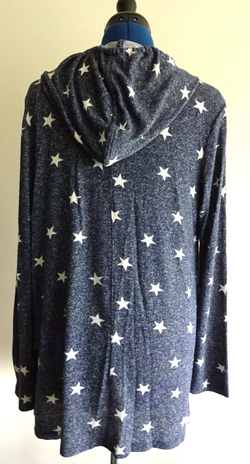 LUCKY BRAND Patriotic NAVY WHITE STARS Open Front HOODED TUNIC Top Womens MED