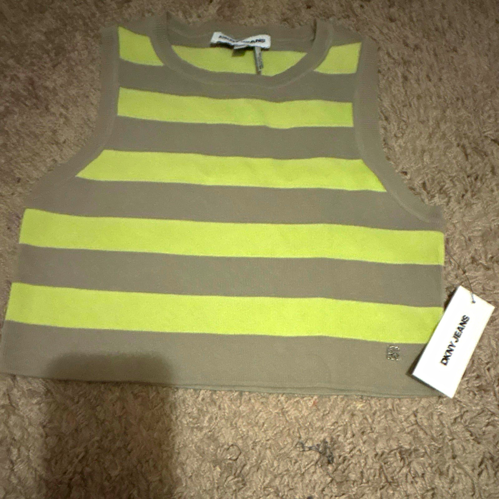 DKNY Jeans Gray Green Striped Cotton Knit Crew Neck Cropped Tank Top Size S