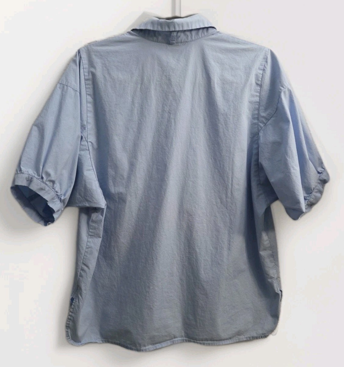 H&M Womens Cotton Tunic Top Lt Sky Blue US/6 Puff Sleeves ½ button Up Collar EC