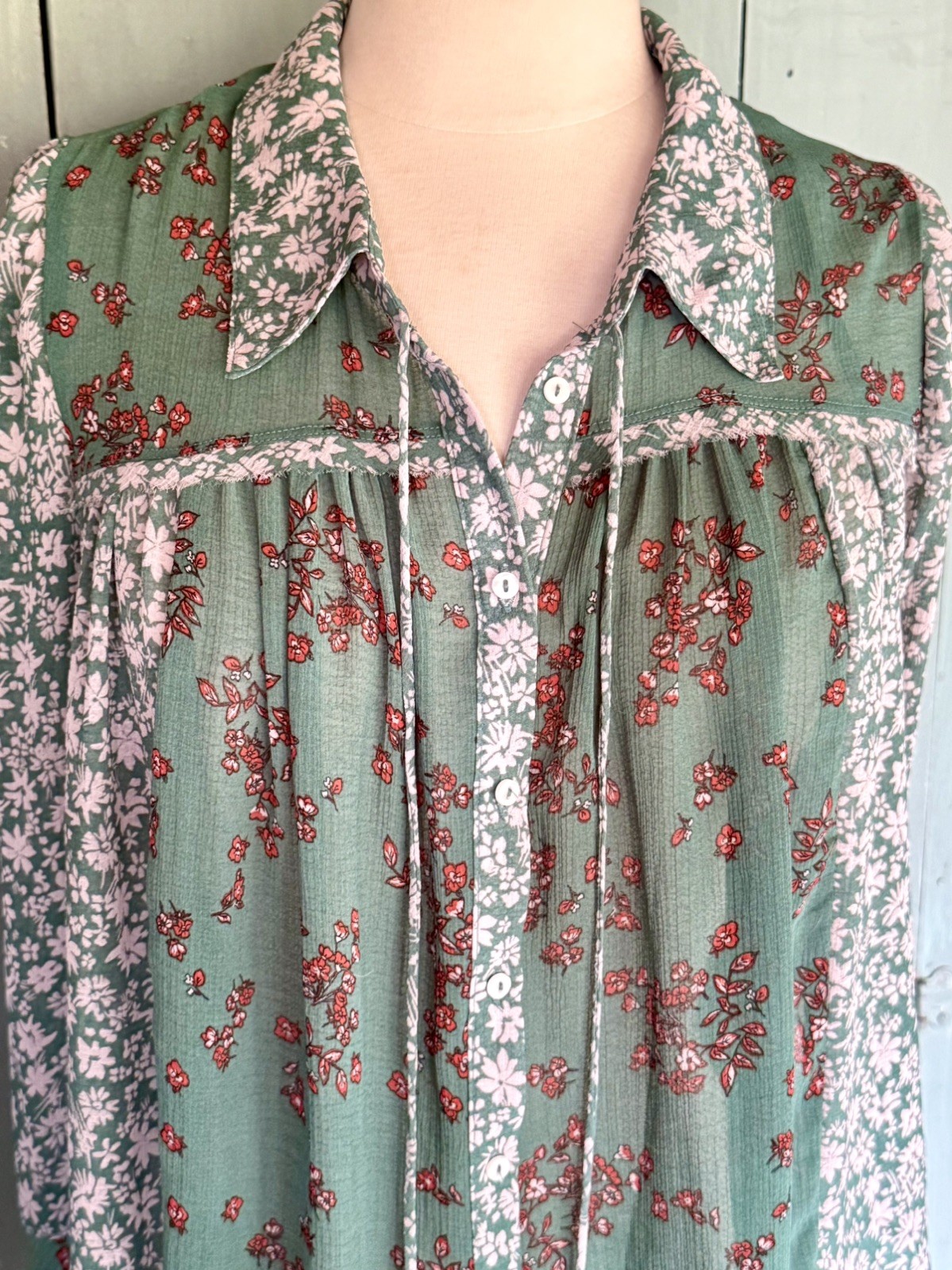 Free People Womens Emerald Combo Serena Printed Blouse Top Bell Sleeve Boho L