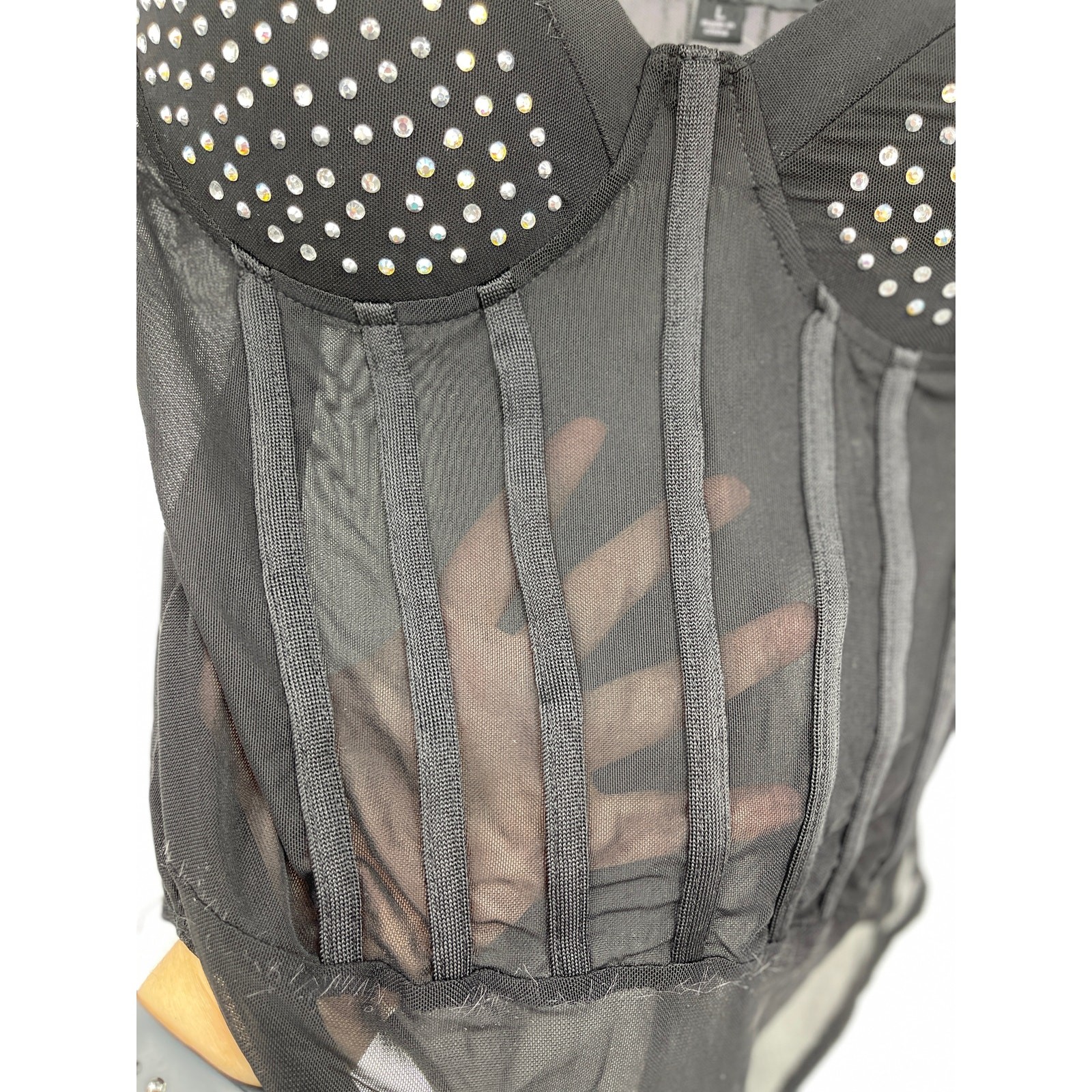 Haute Monde Black Mesh Bodysuit Rhinestone One Piece Padded Top Medium NEW
