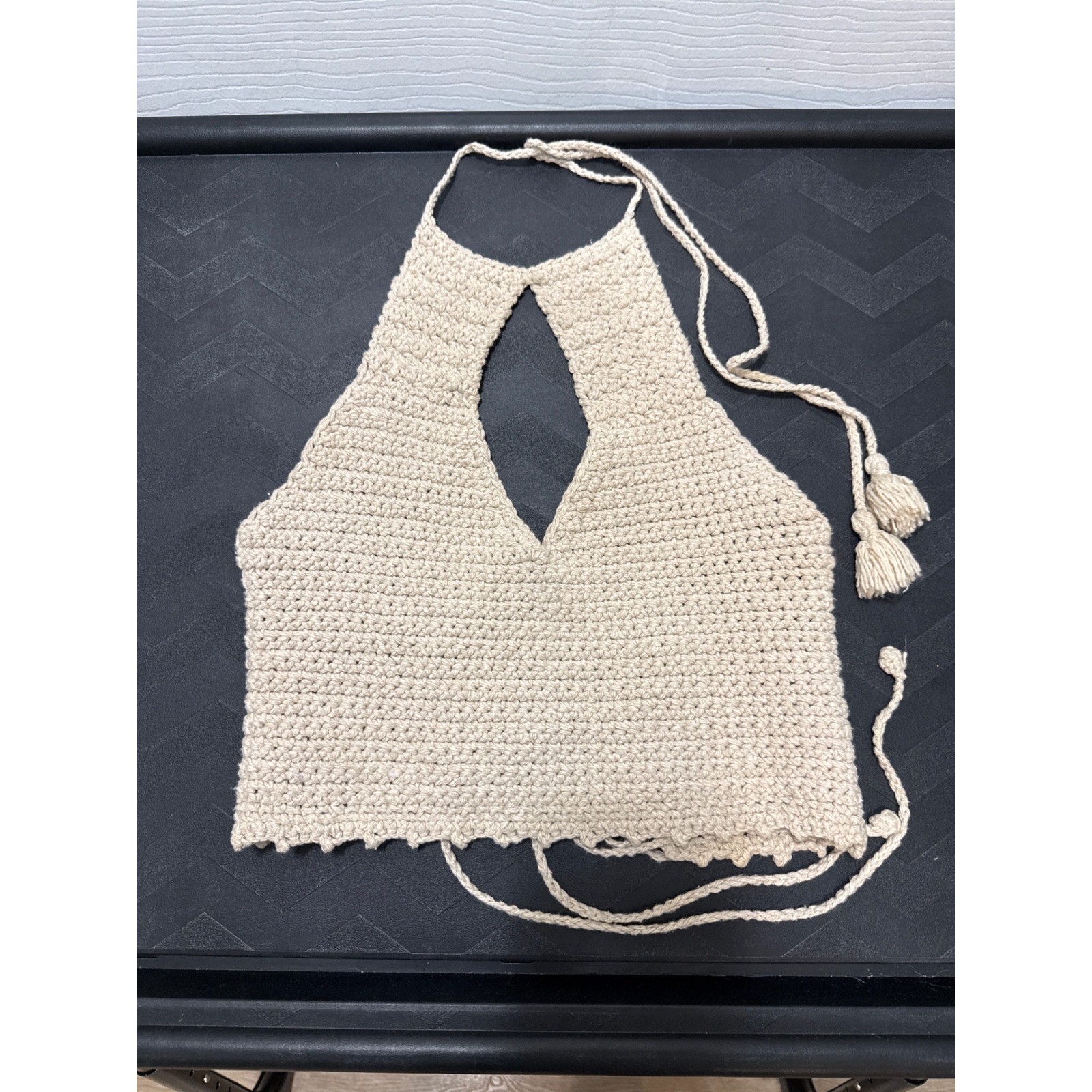 Handmade Crochet Halter Top Cream Beige Keyhole Lace Up Boho Festival Small