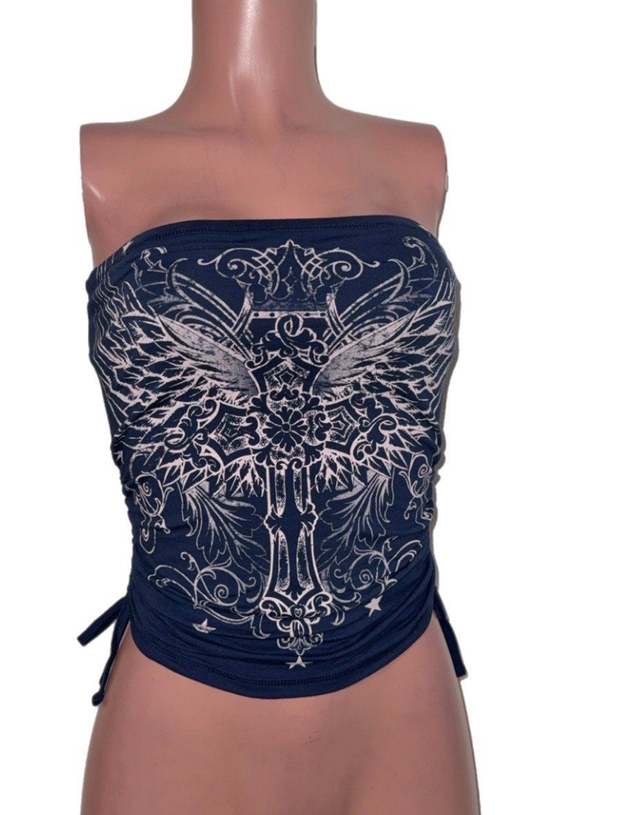 Dgital Darling Navy Blue Alternative Cross Wings Drawstrings Sides Tube Top New