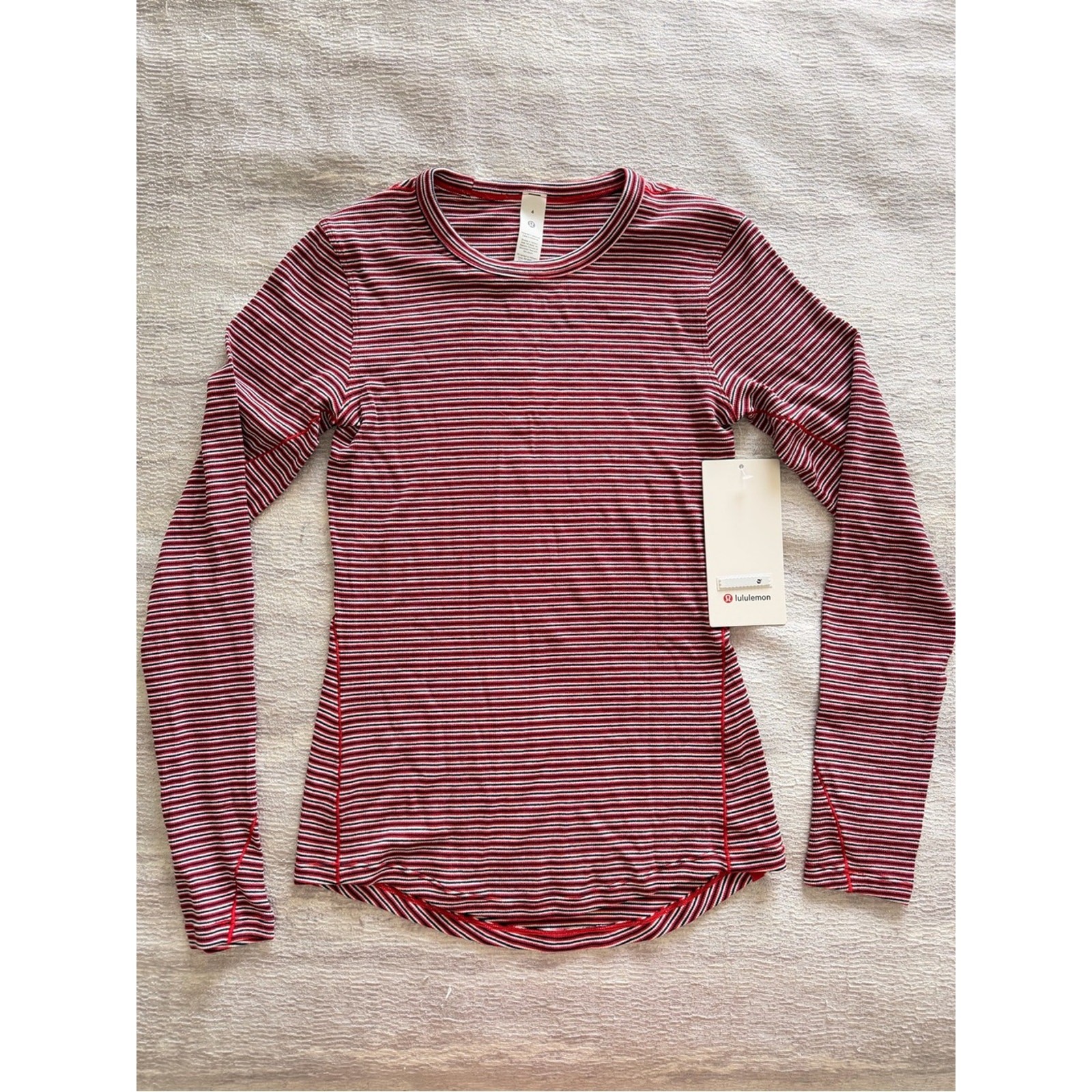 NWT Lululemon Women’s Hold Tight Long-Sleeve Striped Crew – Red & White Size 4