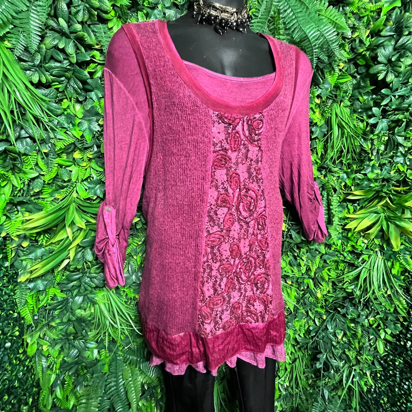 FANTAZIA Tops Women XL Wine Red Embroidered Sequin Lace Knit Blouse Detail 1247