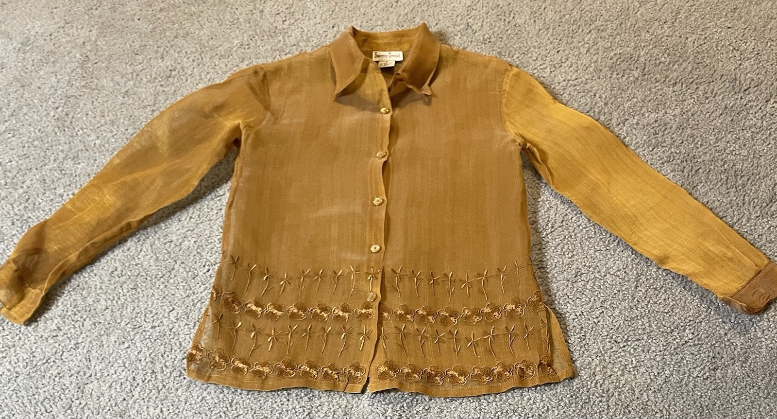 90s Embroidered Flowers Silk Blend Top Women’s Sz 6 Sheer Gold Button Up Party