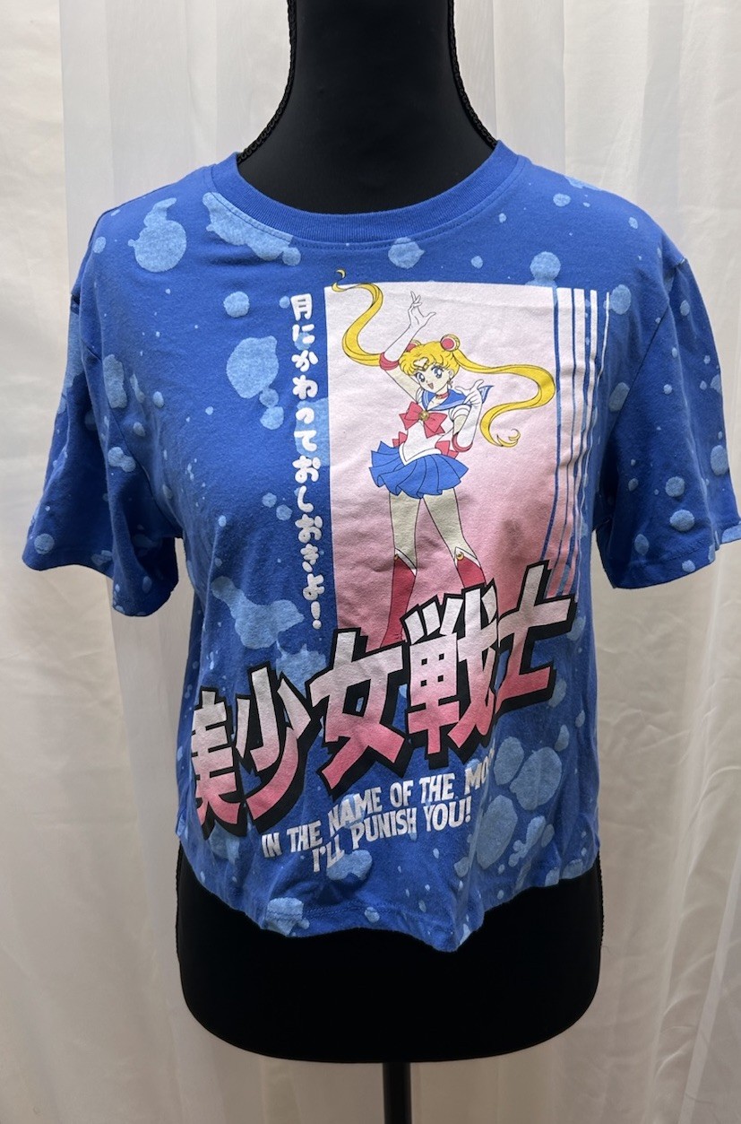 Sailor Moon Anime Graphic Crop T Shirt Blue Bleach Wash Women’s Small