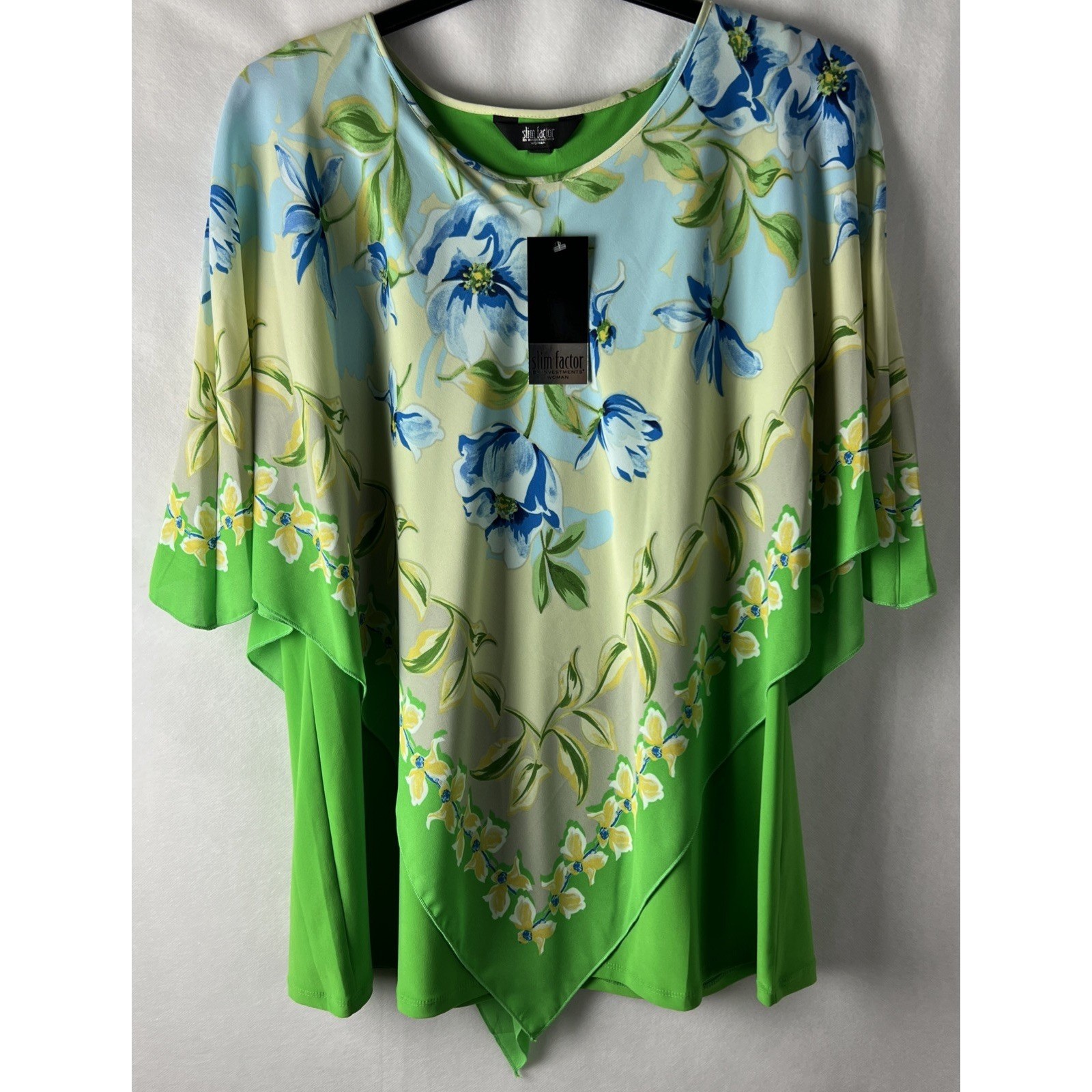 Slim Factor by Investments Blouse Women 1X Green Floral Poncho Layered Top A33